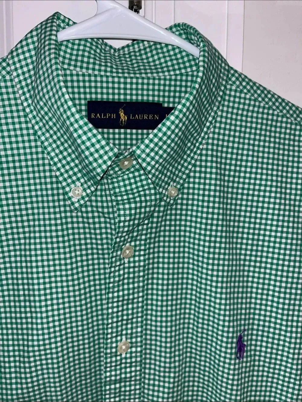 Polo Ralph Lauren Green White Gingham Checked Plaid w/Pony LS Casual Shirt M